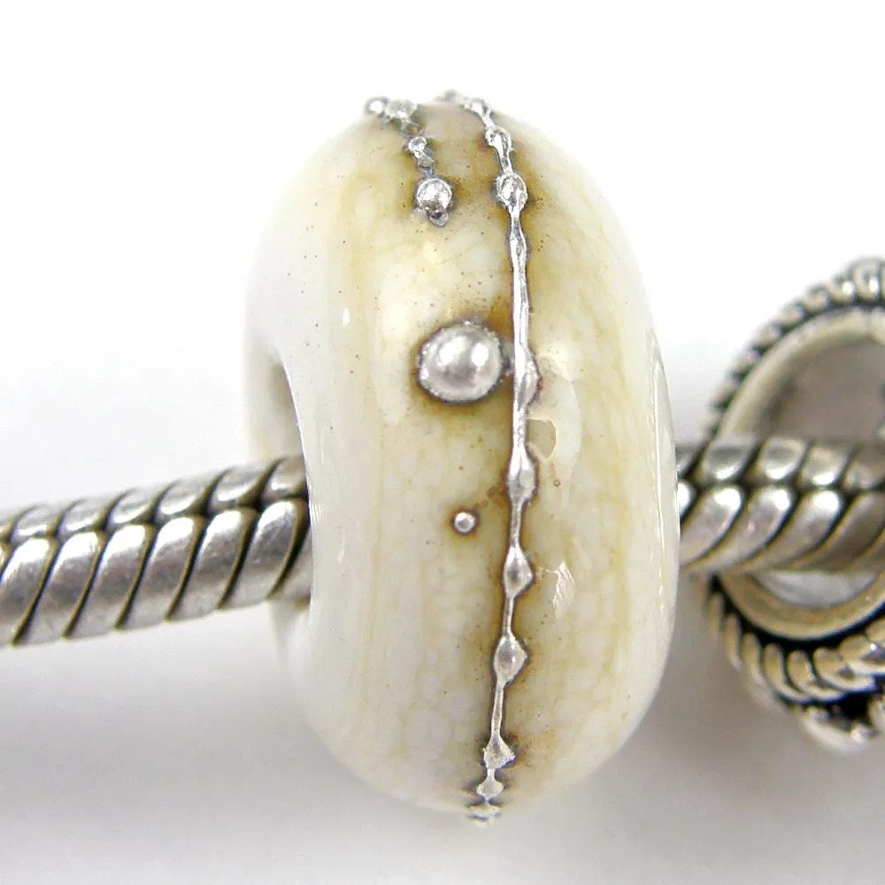 Handmade Large Hole Lampwork Beads, European Glass Charms, Ivory Silver Shiny