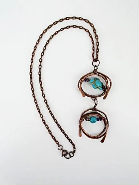 Handmade Tarnished Solid Copper Unique Wrapped Pendant with Turquoise Howlite Turtle and Glass Beads