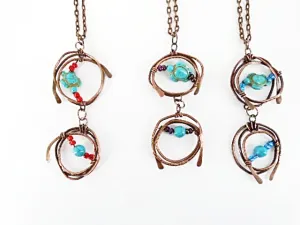 Handmade Tarnished Solid Copper Unique Wrapped Pendant with Turquoise Howlite Turtle and Glass Beads