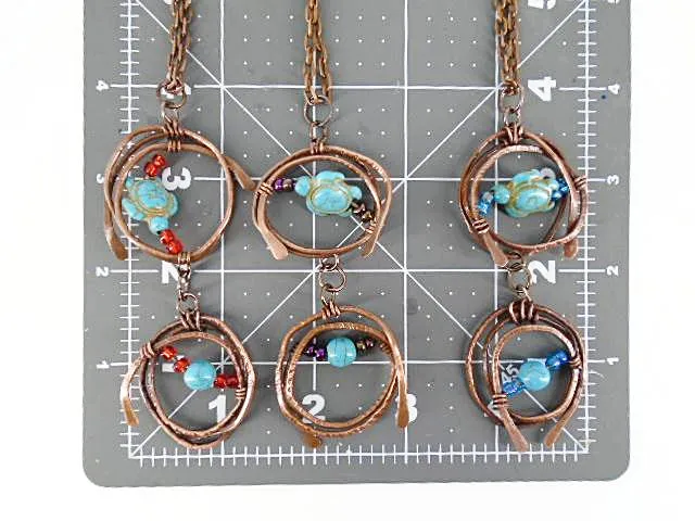 Handmade Tarnished Solid Copper Unique Wrapped Pendant with Turquoise Howlite Turtle and Glass Beads