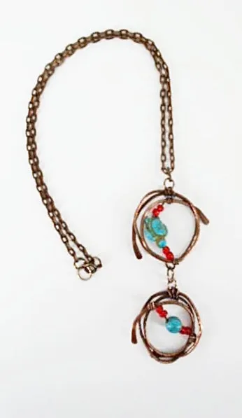 Handmade Tarnished Solid Copper Unique Wrapped Pendant with Turquoise Howlite Turtle and Glass Beads