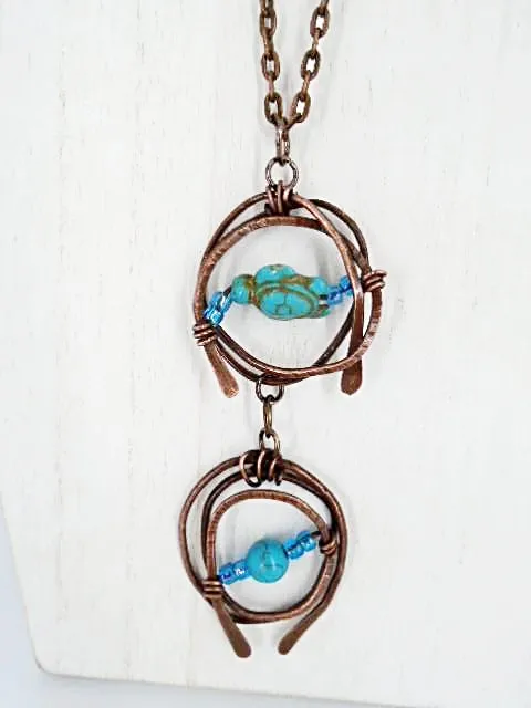 Handmade Tarnished Solid Copper Unique Wrapped Pendant with Turquoise Howlite Turtle and Glass Beads