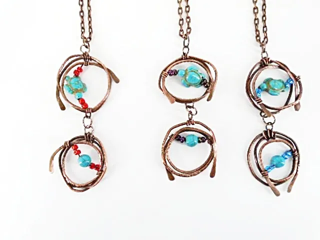 Handmade Tarnished Solid Copper Unique Wrapped Pendant with Turquoise Howlite Turtle and Glass Beads