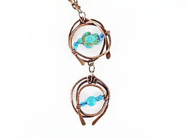 Handmade Tarnished Solid Copper Unique Wrapped Pendant with Turquoise Howlite Turtle and Glass Beads