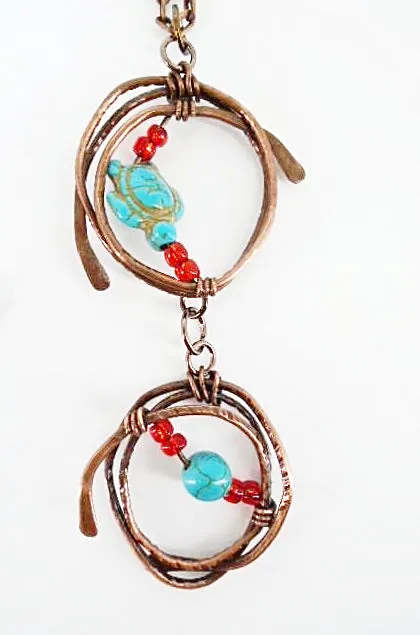Handmade Tarnished Solid Copper Unique Wrapped Pendant with Turquoise Howlite Turtle and Glass Beads