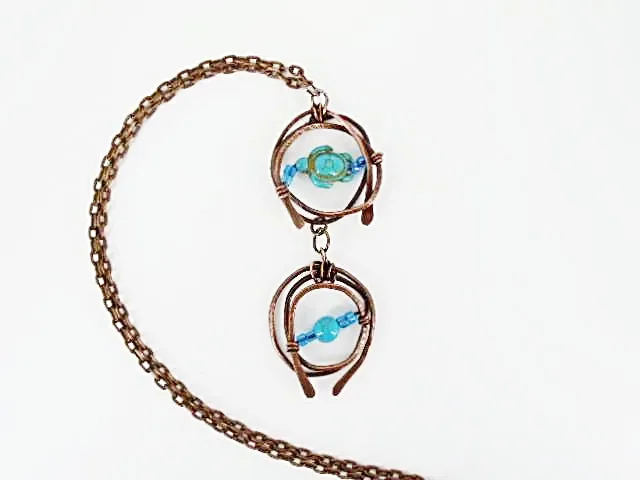 Handmade Tarnished Solid Copper Unique Wrapped Pendant with Turquoise Howlite Turtle and Glass Beads