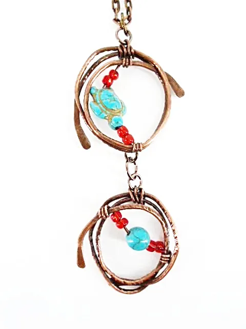 Handmade Tarnished Solid Copper Unique Wrapped Pendant with Turquoise Howlite Turtle and Glass Beads