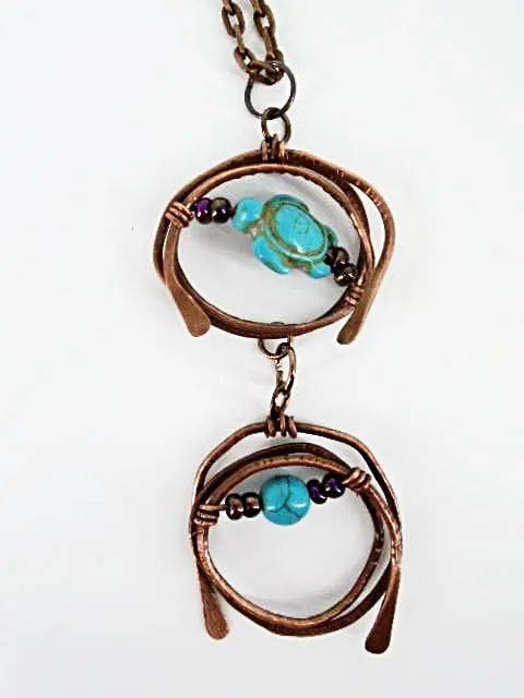 Handmade Tarnished Solid Copper Unique Wrapped Pendant with Turquoise Howlite Turtle and Glass Beads