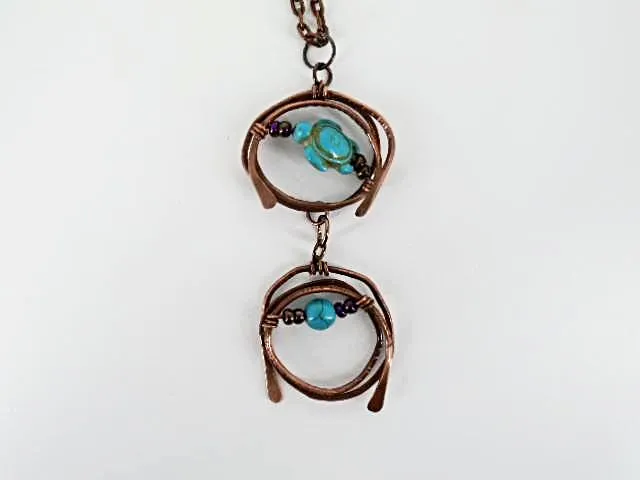 Handmade Tarnished Solid Copper Unique Wrapped Pendant with Turquoise Howlite Turtle and Glass Beads