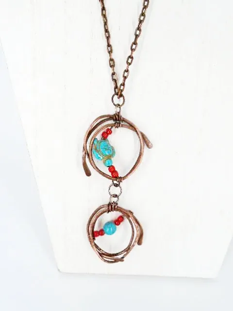 Handmade Tarnished Solid Copper Unique Wrapped Pendant with Turquoise Howlite Turtle and Glass Beads