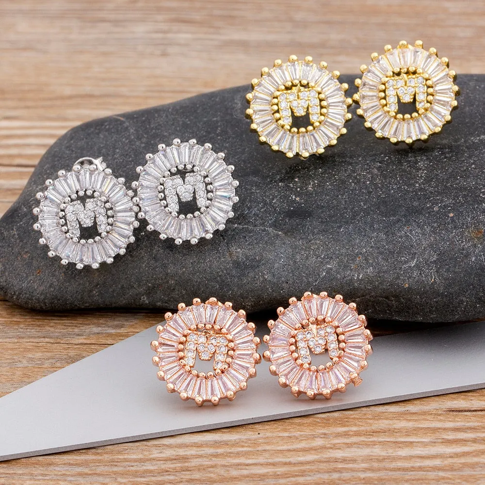 Hot Sale 26 Initial Letter Earrings Personal Gift for Women Cute Alphabet  Zircon White/Rose Gold Stud Earrings Jewelry