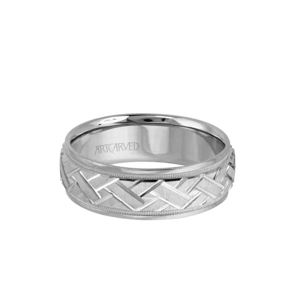 INTRIGUE 14k White Gold Wedding Band Brushed Finish Engraved Diagonal Crossed Center Milgrain Rolled Edges by Artcarved - 7 mm