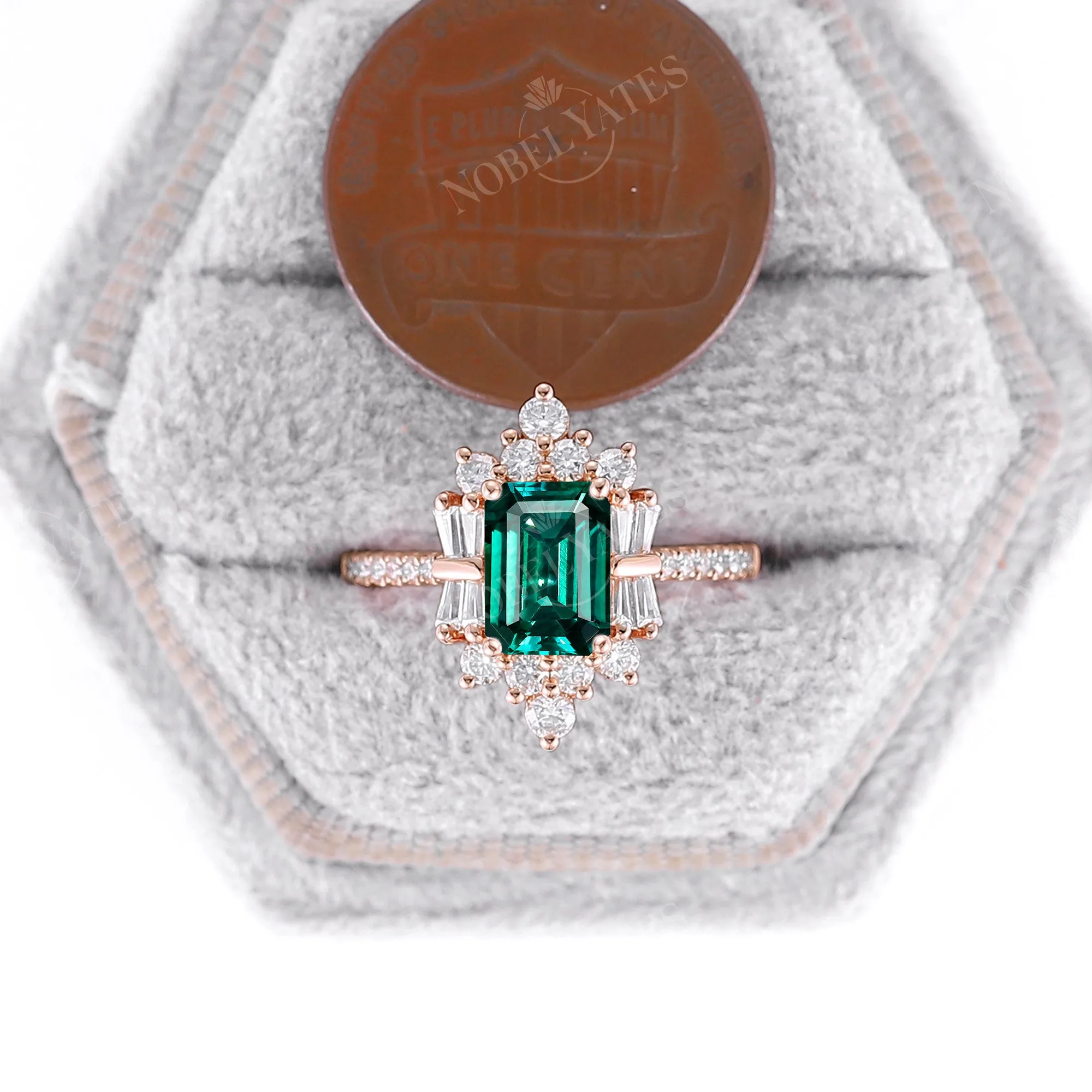 Lab Emerald Art Deco Pave & Cluster Engagement Ring Rose Gold