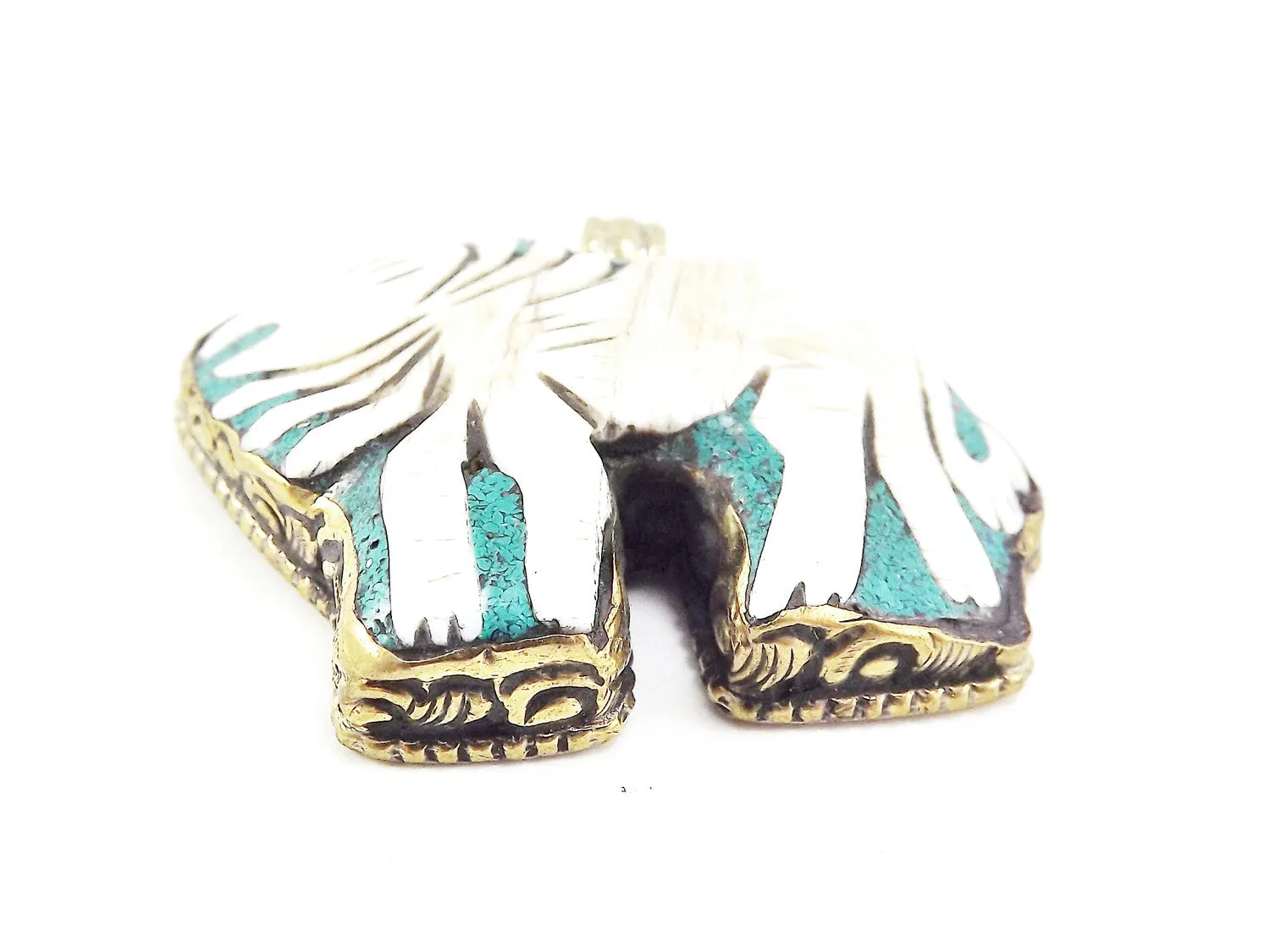 Large Carved Conch Shell Lion Tribal Pendant - Nepalese Handmade - Antique Brass