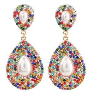Large Shimmering Teardrop Pearl and Rhinestone Dangling Earrings