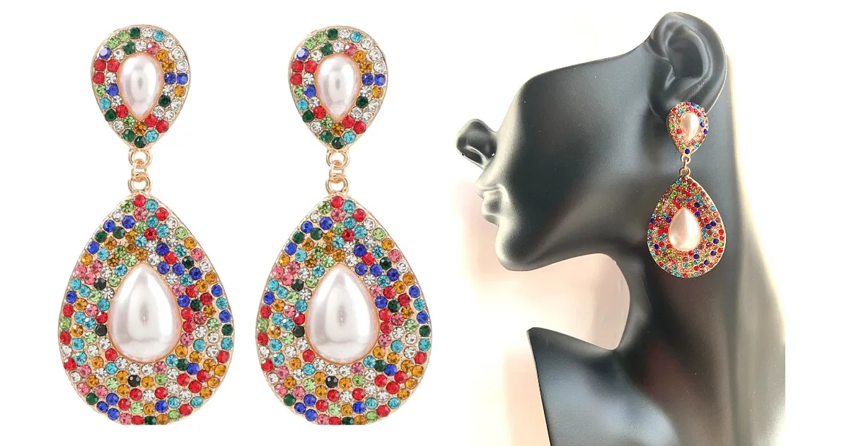 Large Shimmering Teardrop Pearl and Rhinestone Dangling Earrings