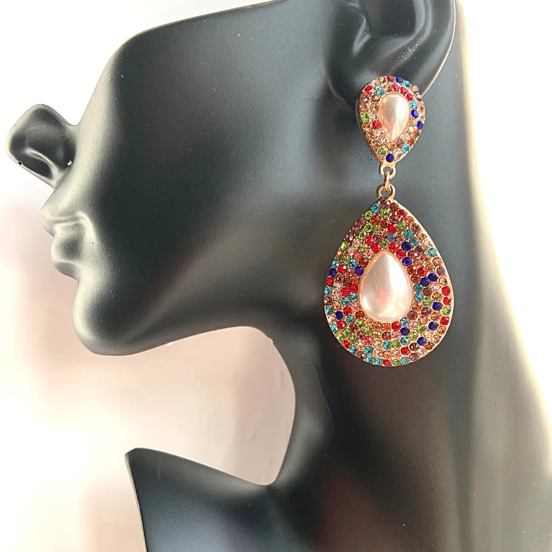 Large Shimmering Teardrop Pearl and Rhinestone Dangling Earrings