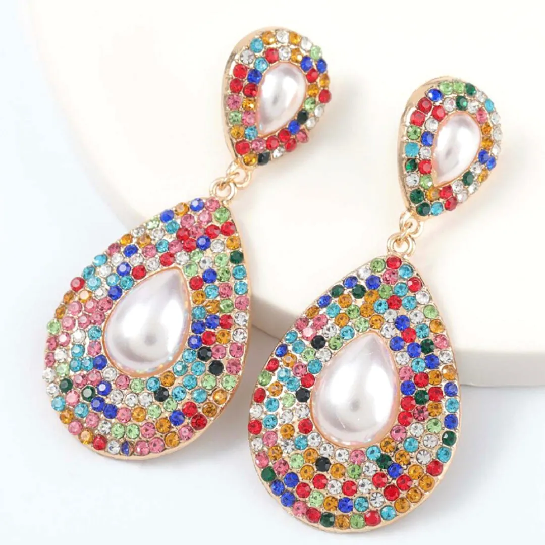 Large Shimmering Teardrop Pearl and Rhinestone Dangling Earrings