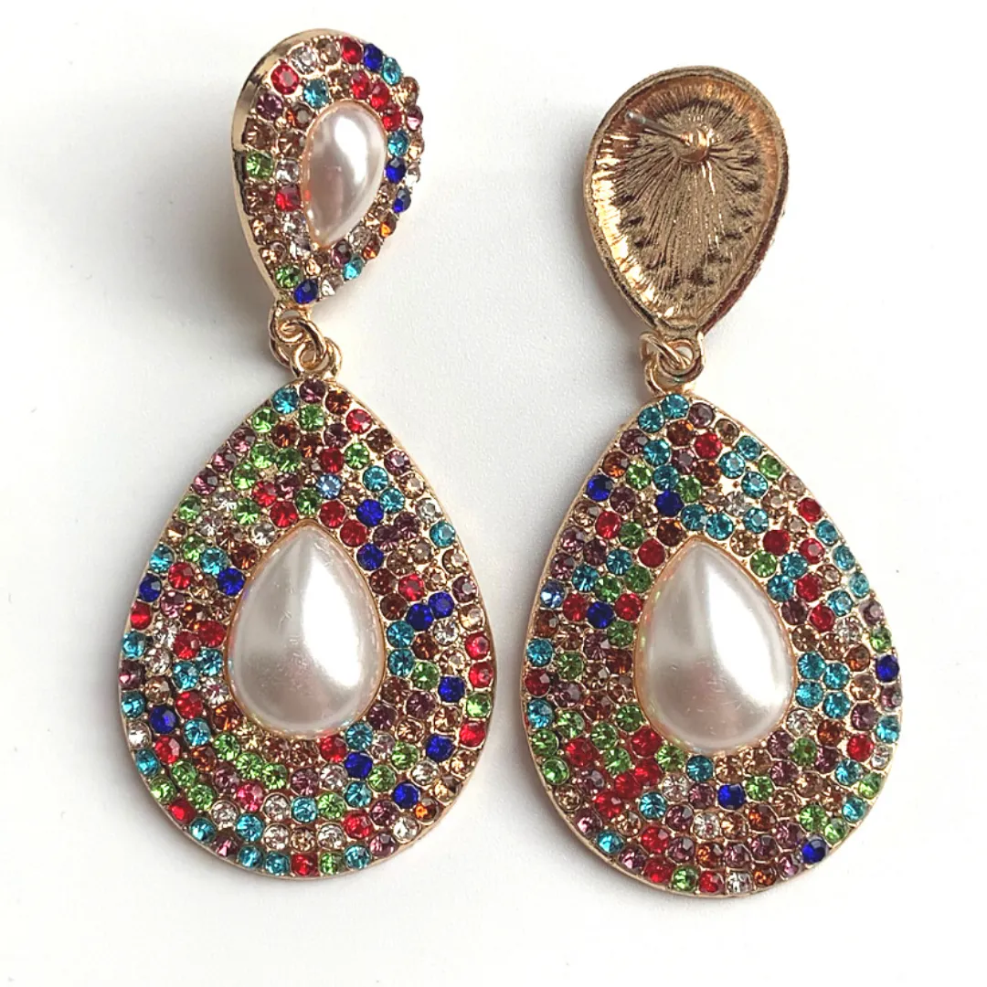 Large Shimmering Teardrop Pearl and Rhinestone Dangling Earrings