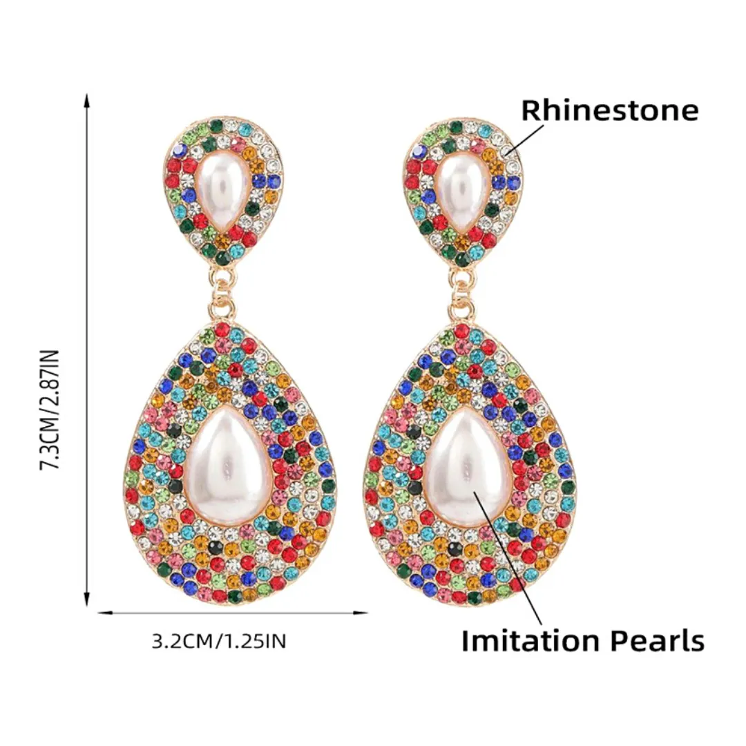 Large Shimmering Teardrop Pearl and Rhinestone Dangling Earrings
