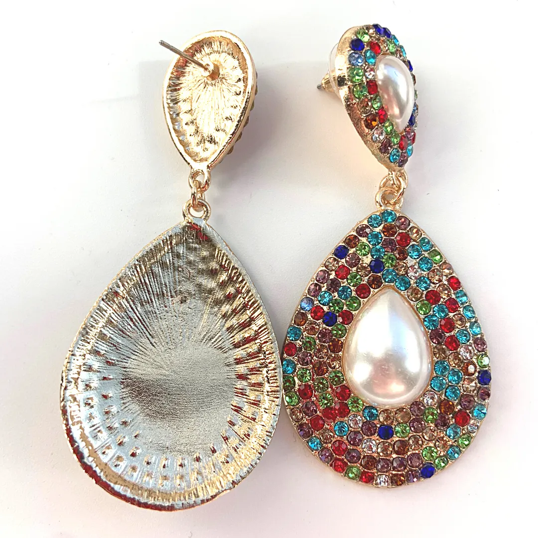 Large Shimmering Teardrop Pearl and Rhinestone Dangling Earrings