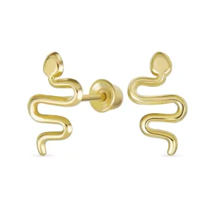 Minimalist Snake Stud Earrings in 14K Yellow Gold with Safety Clutch Screw Back