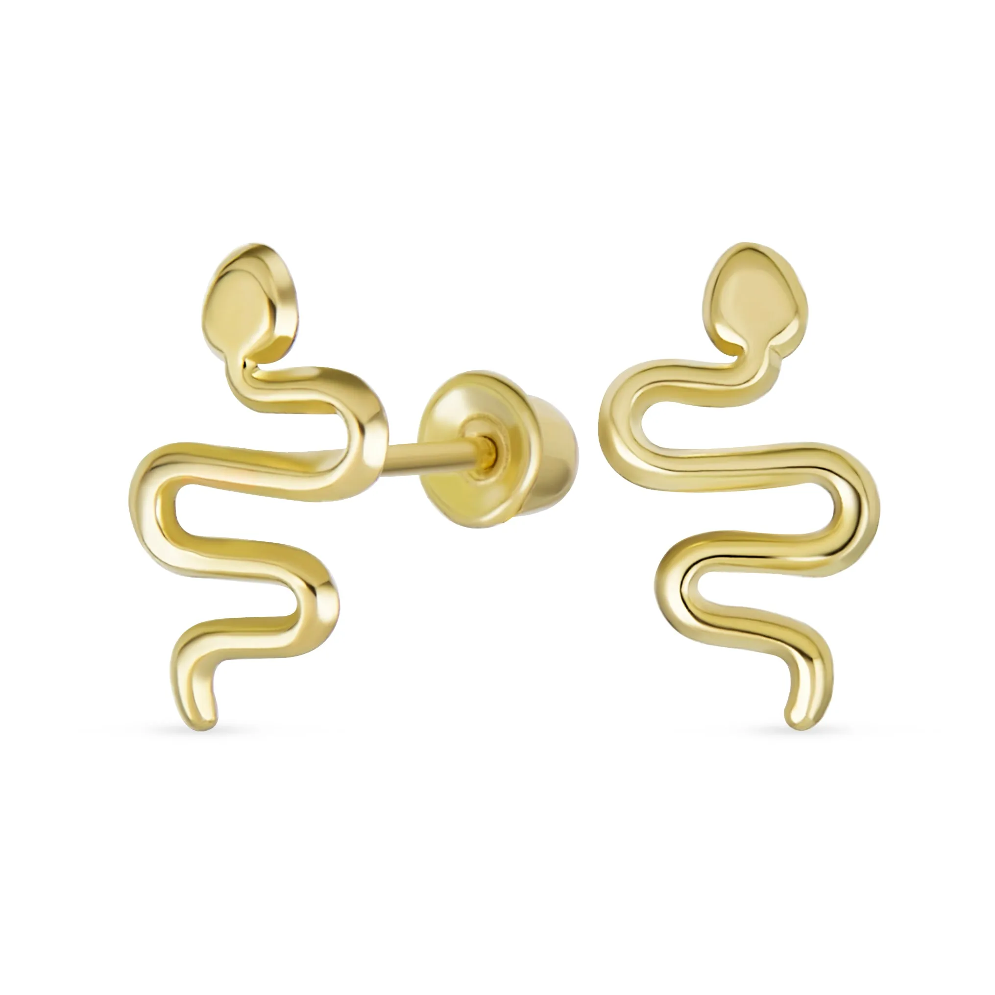 Minimalist Snake Stud Earrings in 14K Yellow Gold with Safety Clutch Screw Back