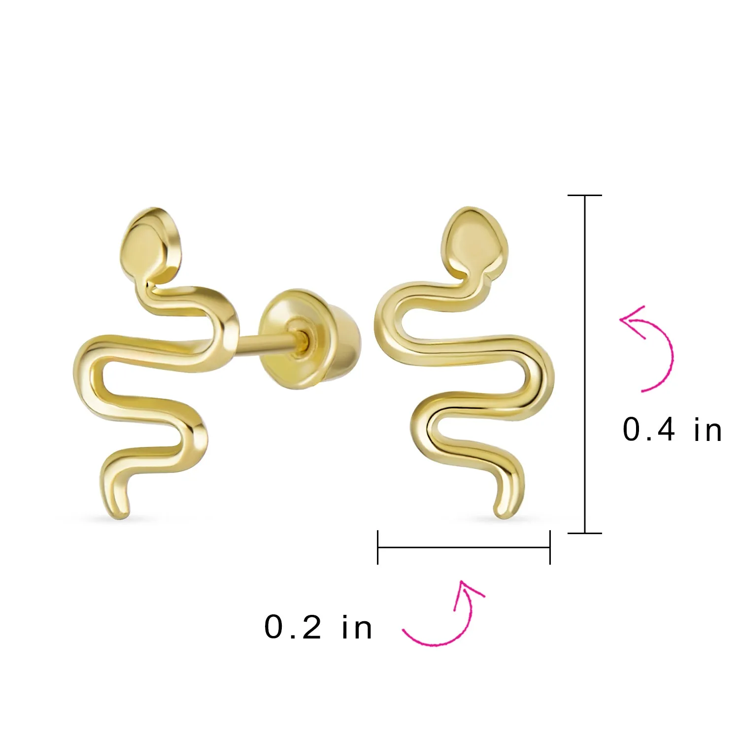 Minimalist Snake Stud Earrings in 14K Yellow Gold with Safety Clutch Screw Back