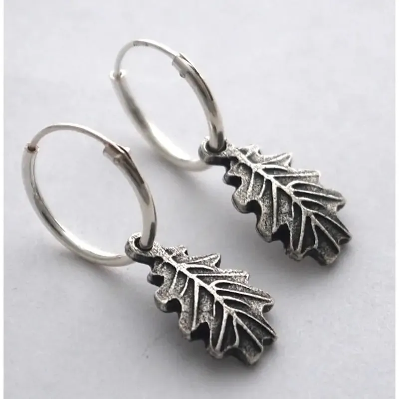 Oak Leaf Hoop Earrings in Silver