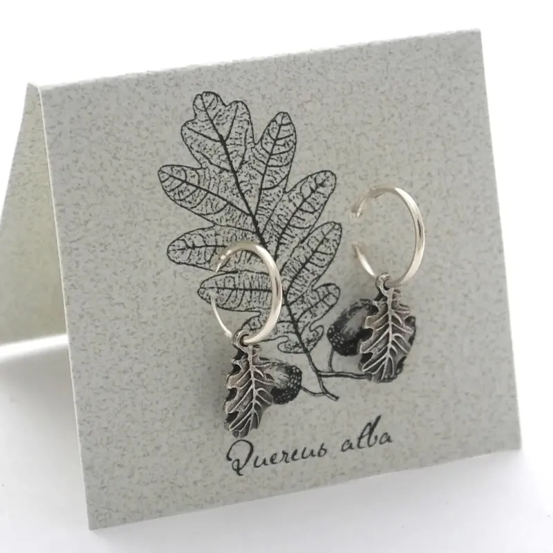 Oak Leaf Hoop Earrings in Silver