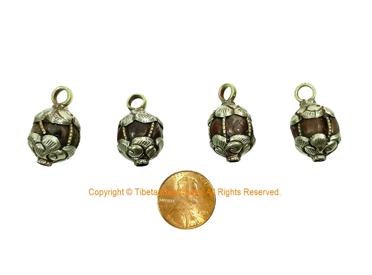 Old Carnelian Melon-Shaped Ethnic Tibetan Charm Pendant with Tibetan Silver Wire Inlay & Repousse Floral Caps - WM7985P