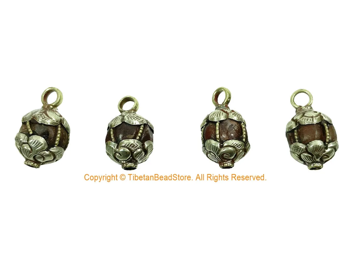 Old Carnelian Melon-Shaped Ethnic Tibetan Charm Pendant with Tibetan Silver Wire Inlay & Repousse Floral Caps - WM7985P