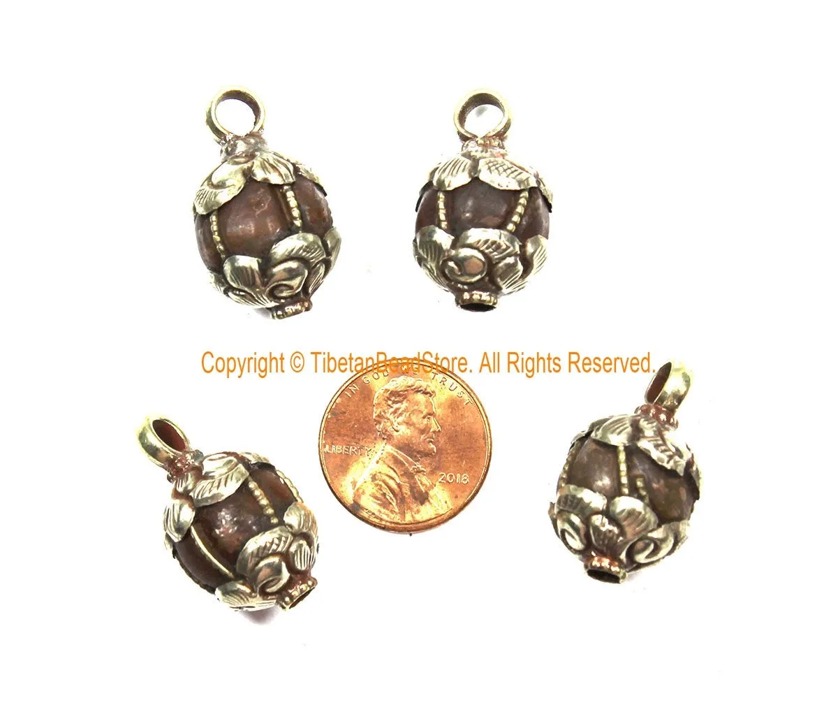 Old Carnelian Melon-Shaped Ethnic Tibetan Charm Pendant with Tibetan Silver Wire Inlay & Repousse Floral Caps - WM7985P