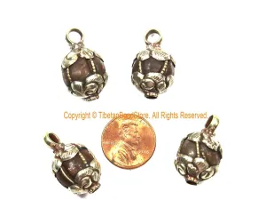 Old Carnelian Melon-Shaped Ethnic Tibetan Charm Pendant with Tibetan Silver Wire Inlay & Repousse Floral Caps - WM7985P