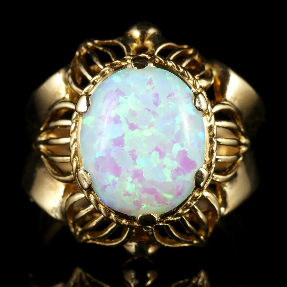 Opal Solitaire Ring Fancy Flower Design 9Ct Gold