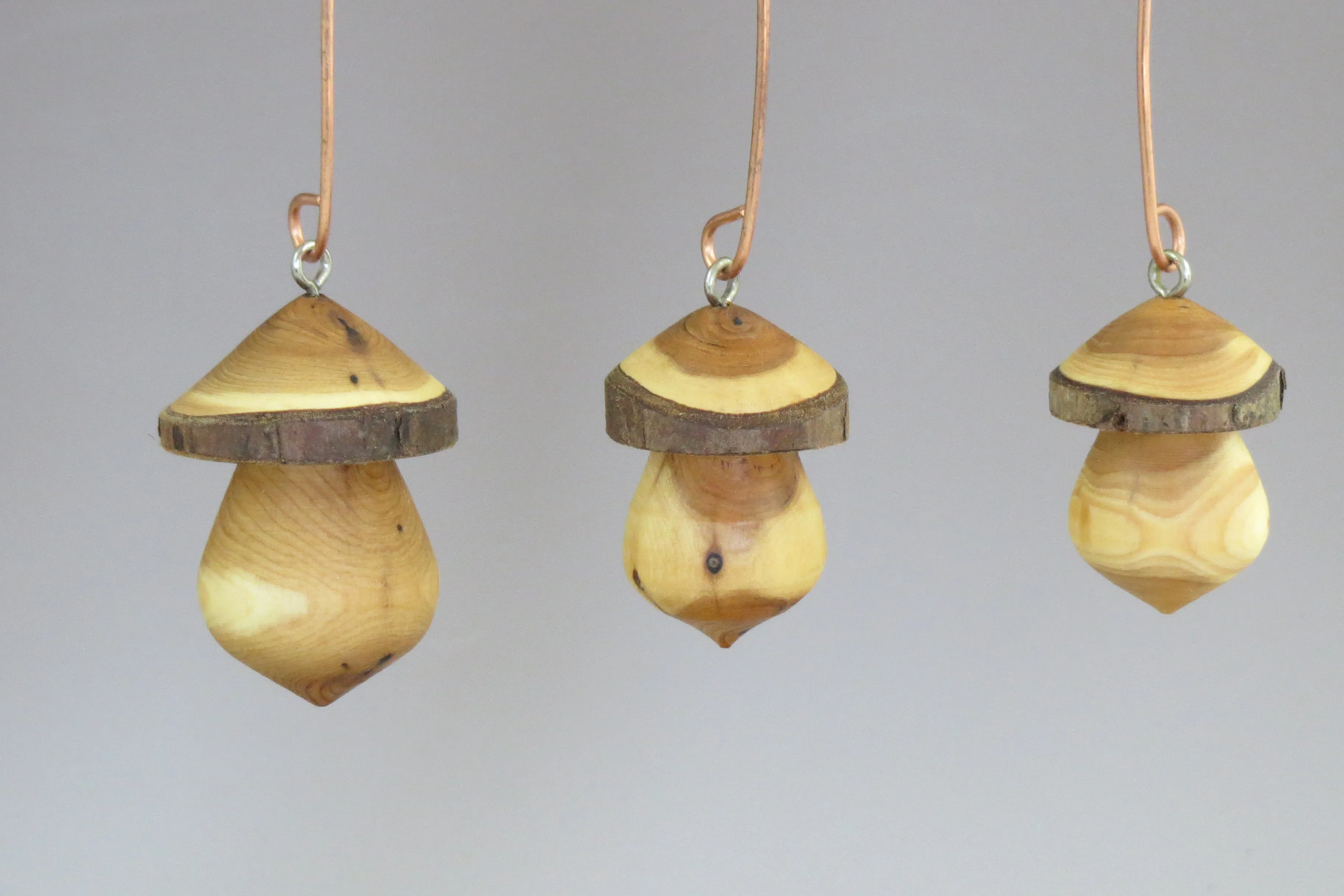Ornaments, Mushroom Ornaments, Set of Three Turned Wood Ornaments