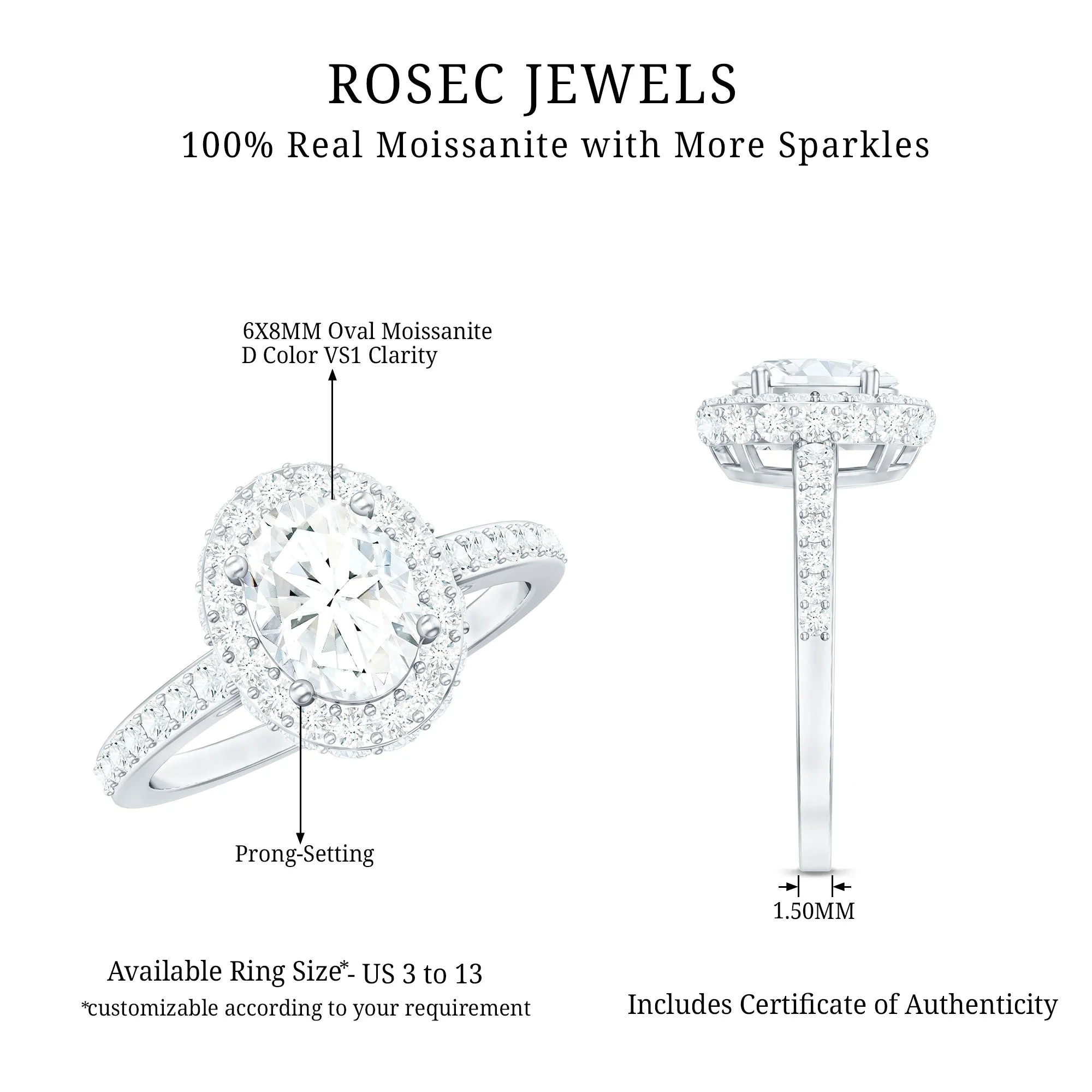 Oval Shape Moissanite Classic Engagement Ring with Halo