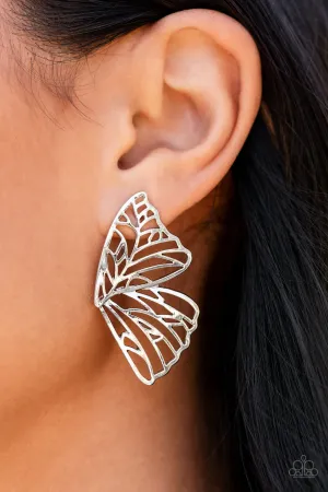 Paparazzi Butterfly Frills - Silver Earrings - August 2021 Life Of The Party Exclusive
