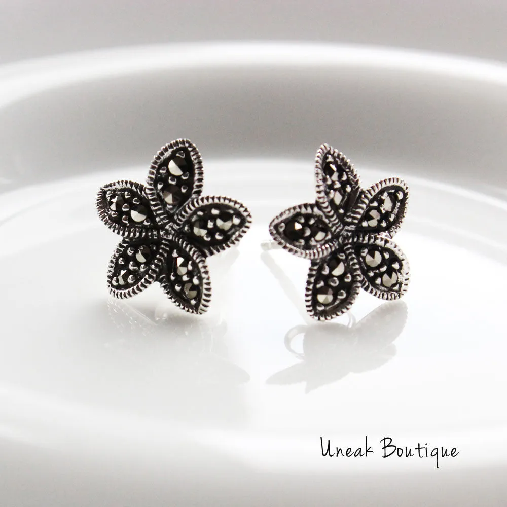 Plumeria Flower Marcasite Earrings
