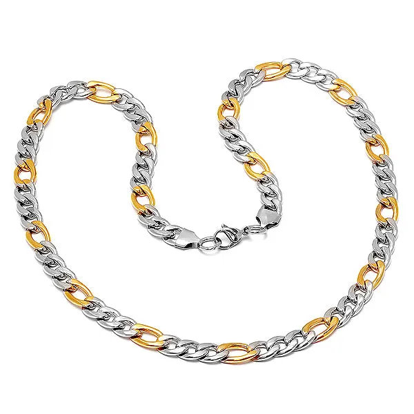ROBUST Mens 18k Gold Plated Two Tone Water Resistant stainless Steel Figaro Chain Necklace 24 inch