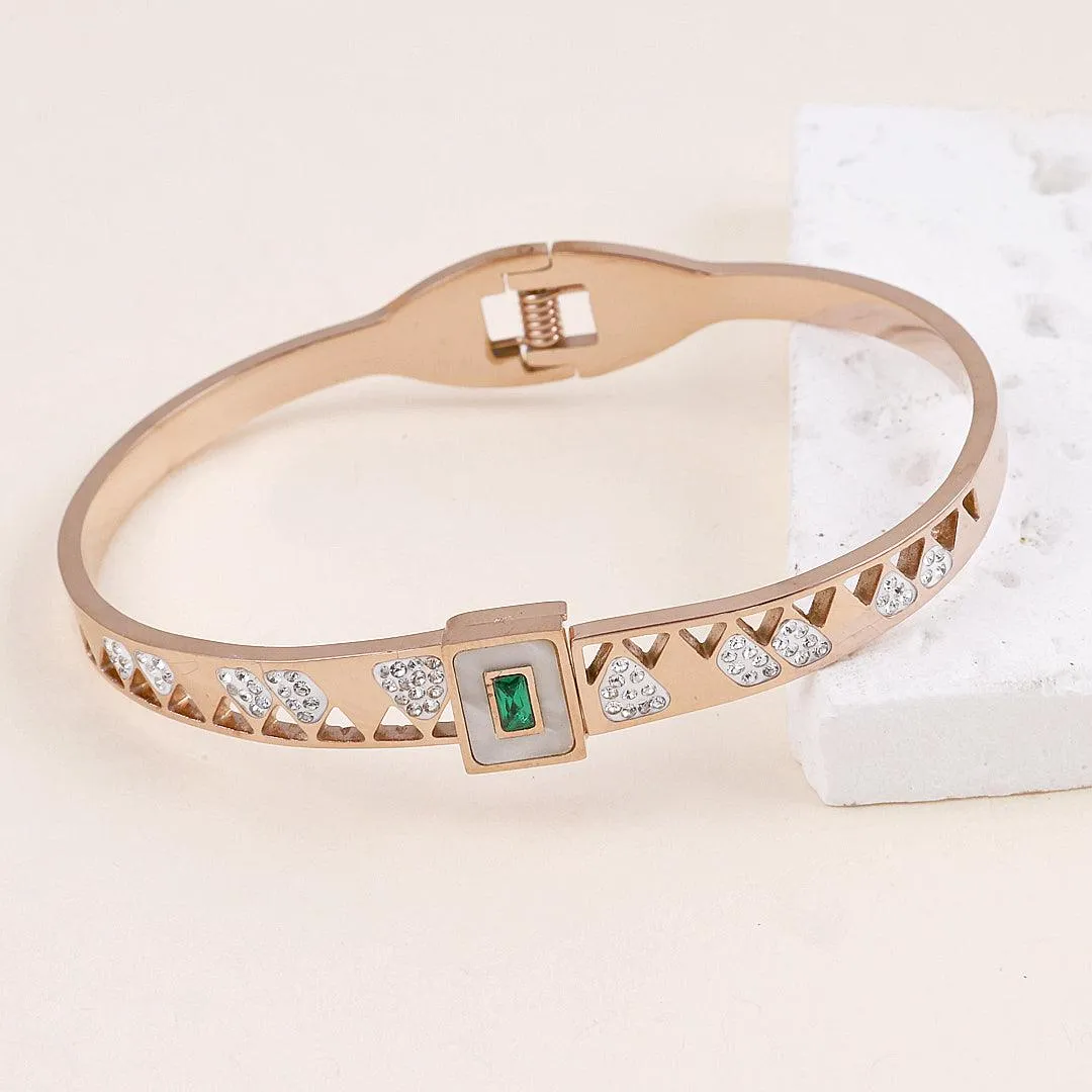 Rose Gold Plated Geometric Bracelet with Green Gemstone and Crystals".
