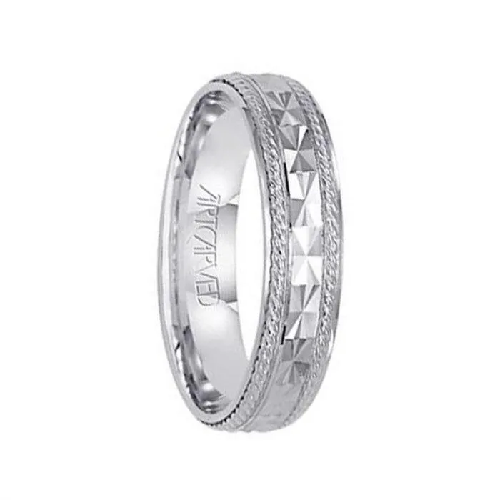ROULETTE 14k White Gold Wedding Band Textured Engraved Design Center Pattern with Rope Rolled Edges by Artcarved - 5mm