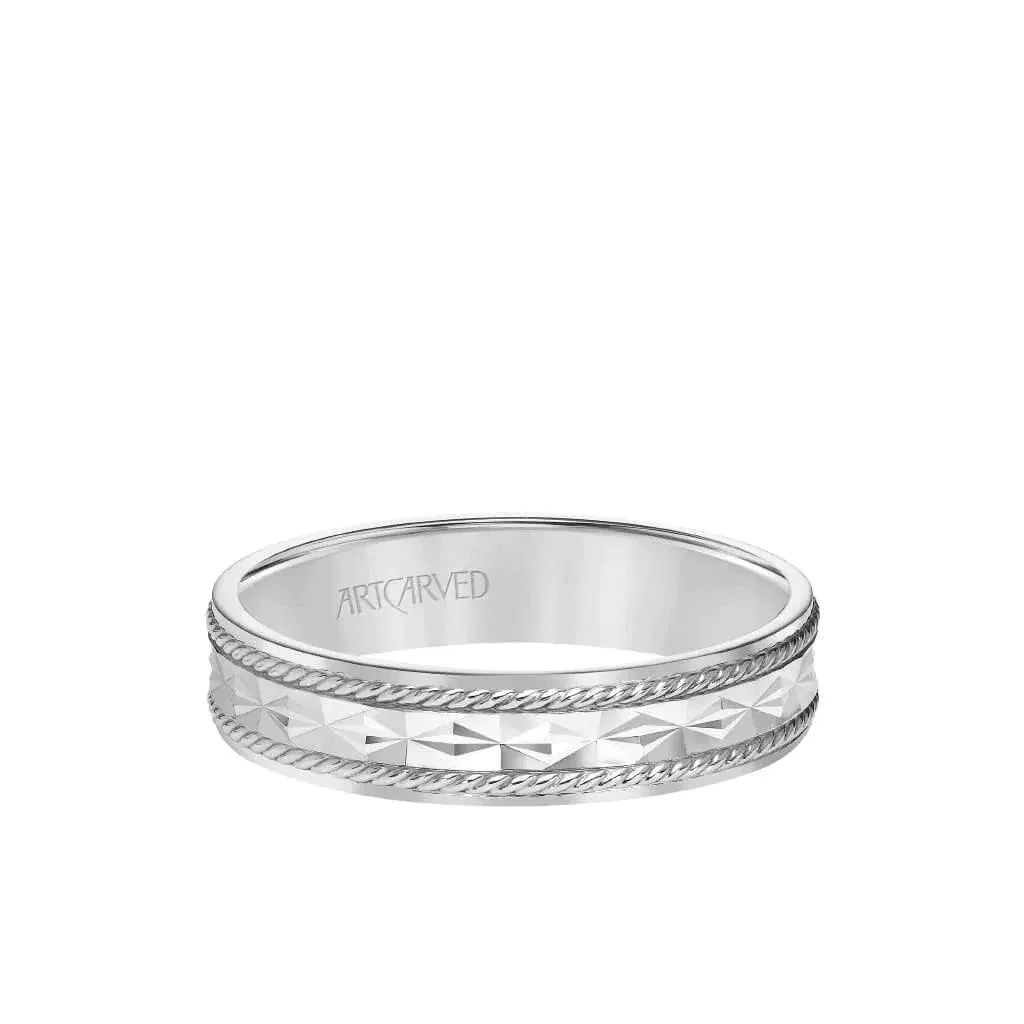ROULETTE 14k White Gold Wedding Band Textured Engraved Design Center Pattern with Rope Rolled Edges by Artcarved - 5mm