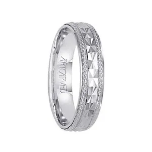 ROULETTE 14k White Gold Wedding Band Textured Engraved Design Center Pattern with Rope Rolled Edges by Artcarved - 5mm