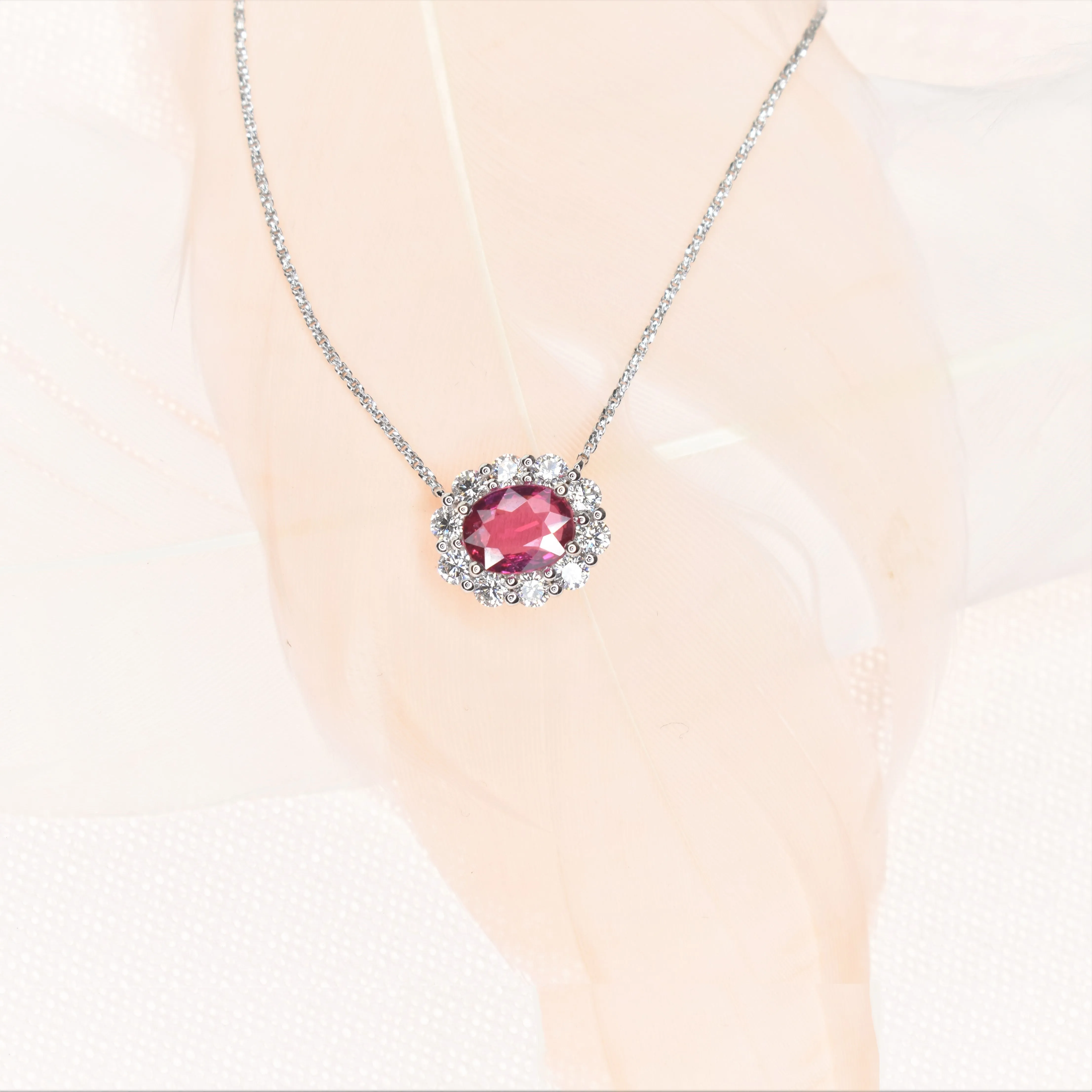 Ruby Diamond Halo Necklace