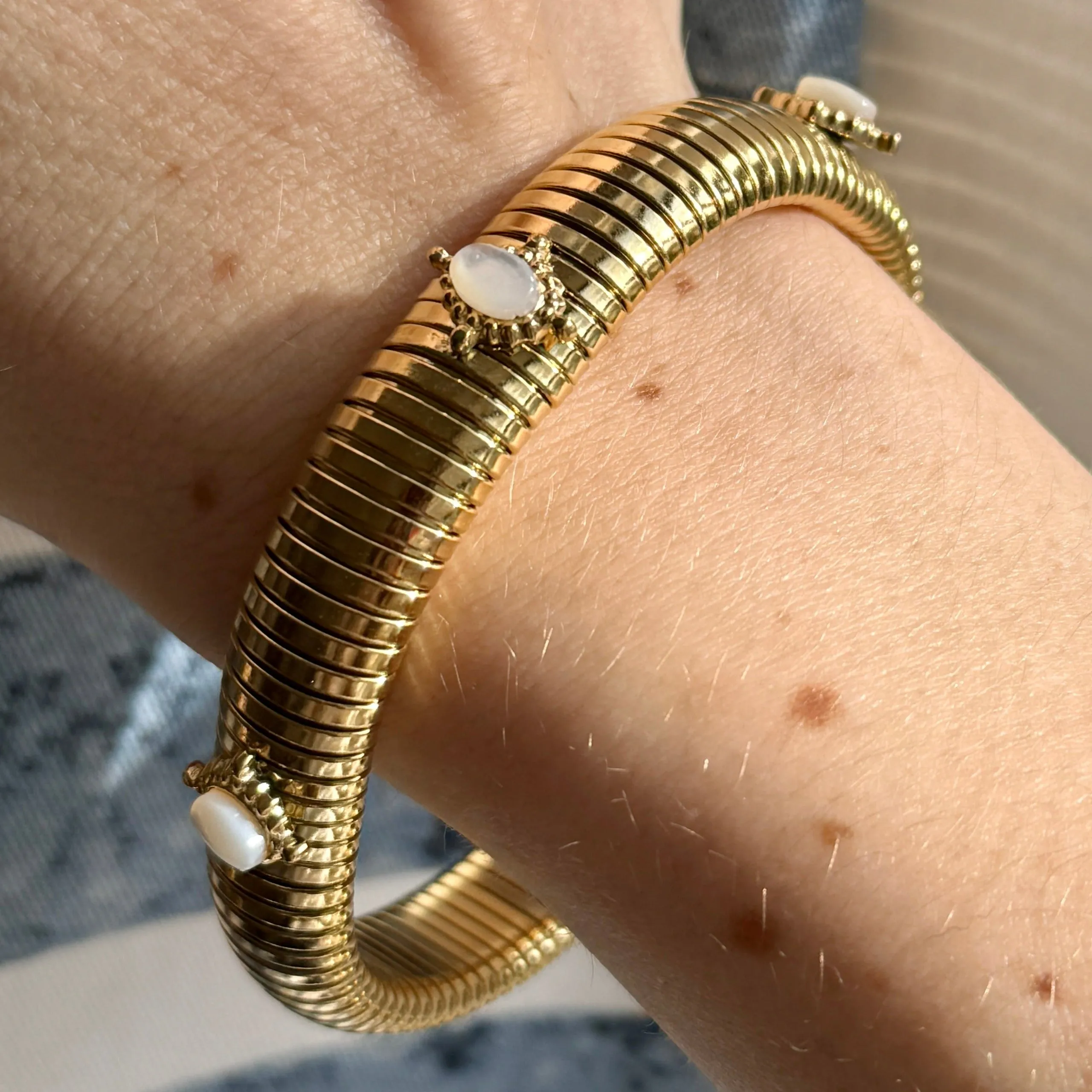 Small Mother of Pearl Gold Omega Bracelet