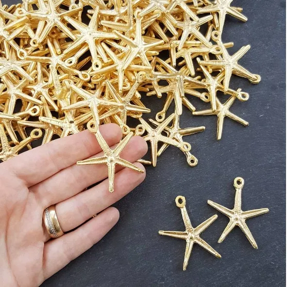 Starfish Necklace Pendant Golden Star Fish Sea Star Creature 22k Matte Gold Plated Turkish Jewelry Making Supplies Findings Components - 2PC