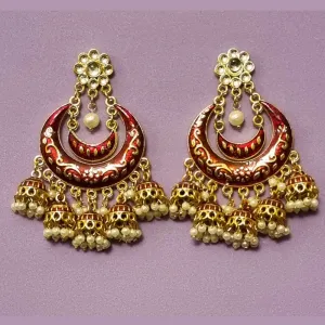 Statement chandbali in meenkari combined with pearl clusters 