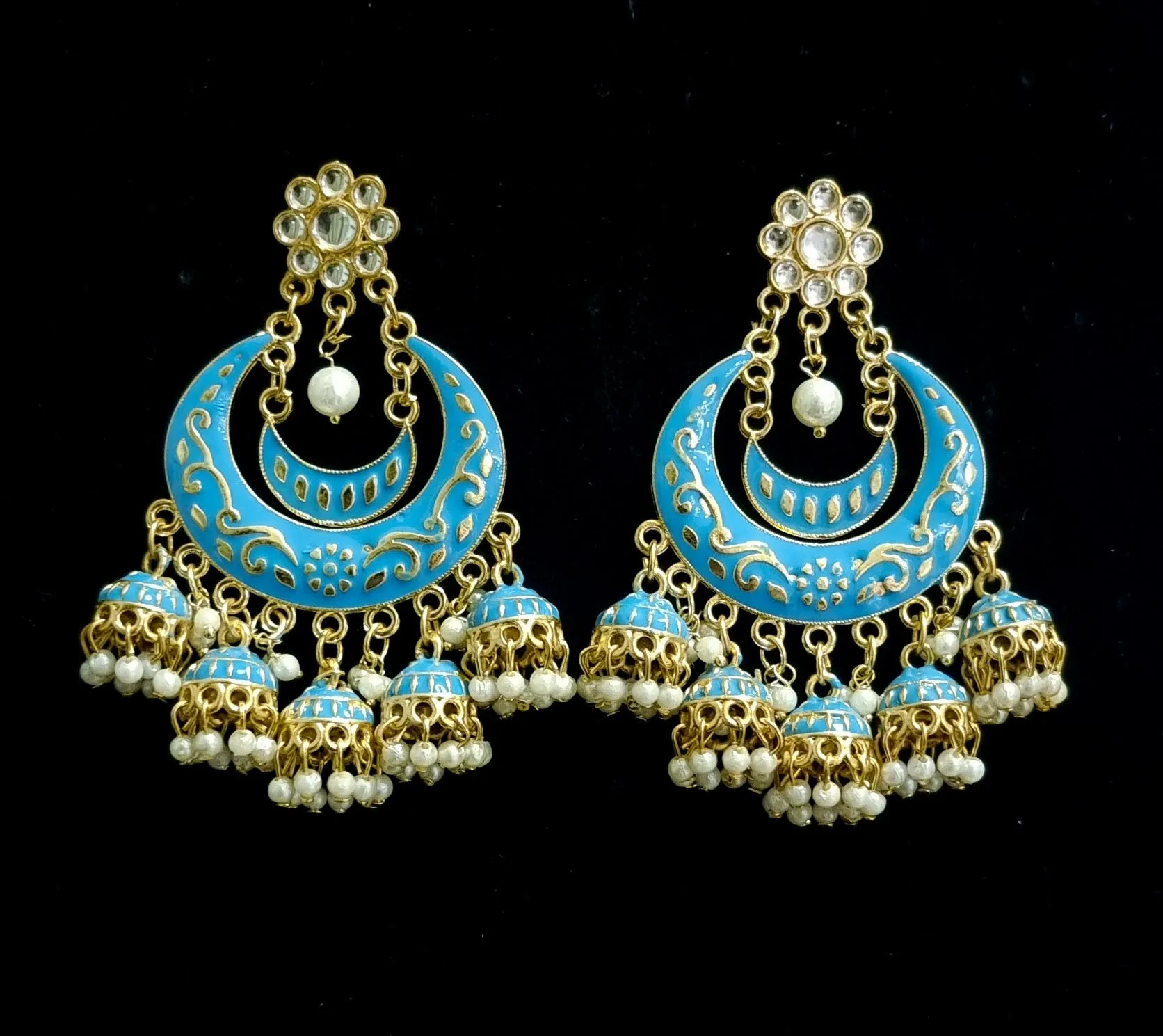 Statement chandbali in meenkari combined with pearl clusters 