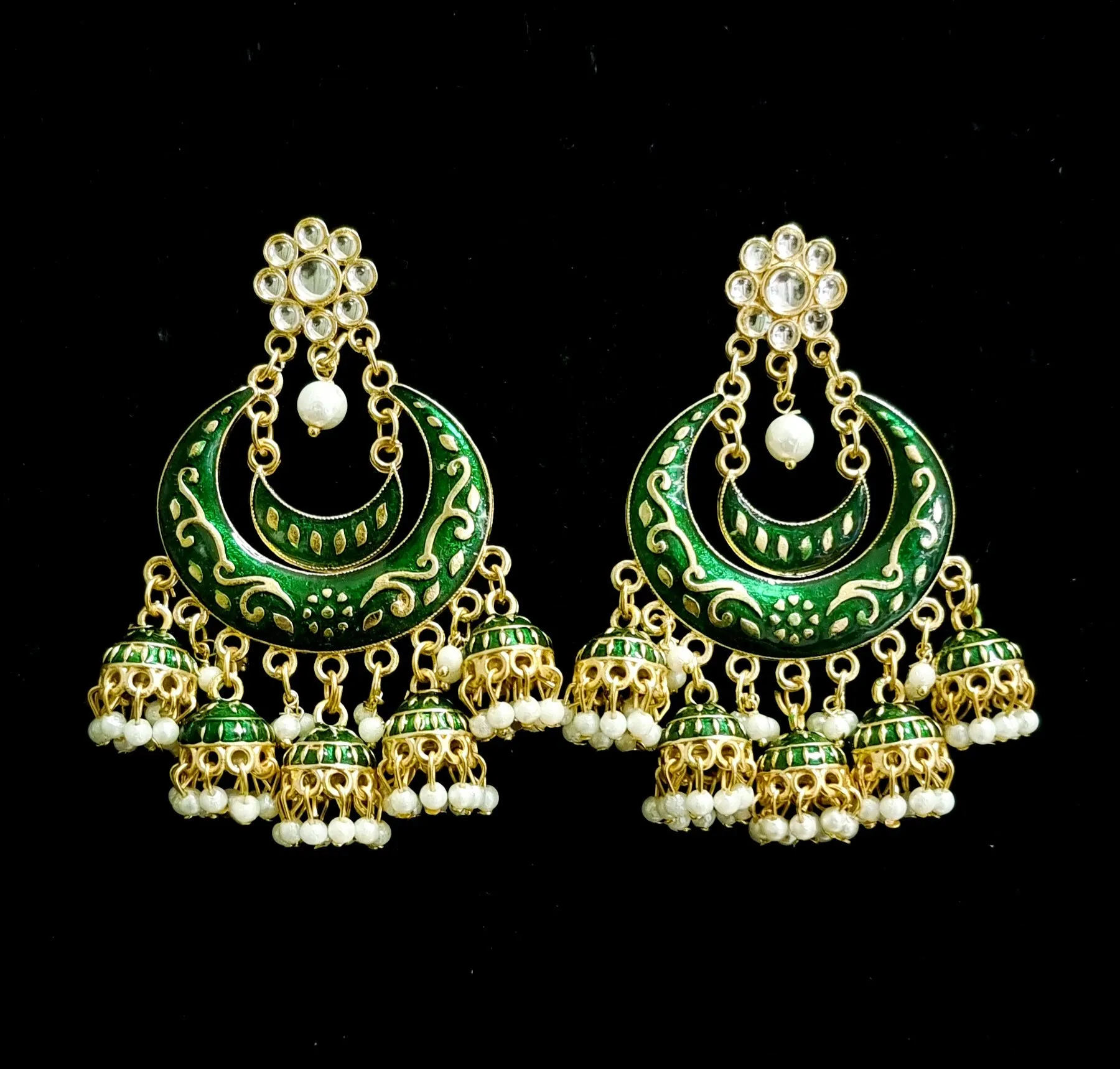 Statement chandbali in meenkari combined with pearl clusters 